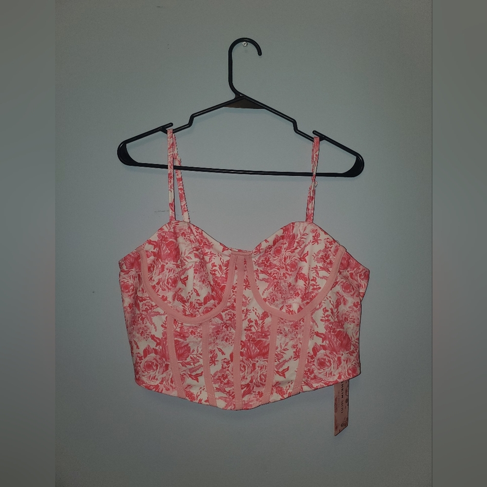 SHEIN Pink and White Sleeveless Bustier Crop Tank Top